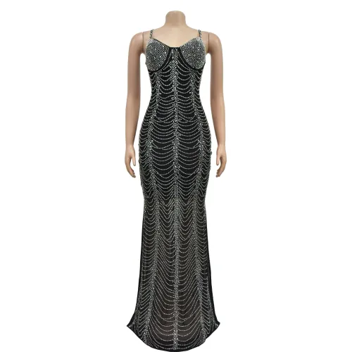 Women's solid color mesh hot diamond strap long skirt dress