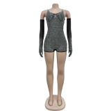 Women's solid color mesh hot diamond perspective shorts jumpsuit