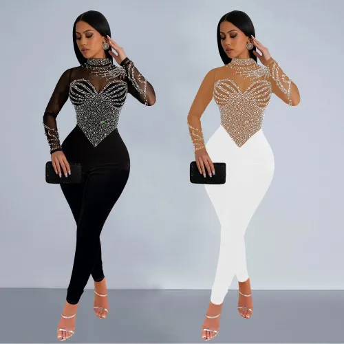 Women's solid color mesh hot diamond long sleeved pants jumpsuit