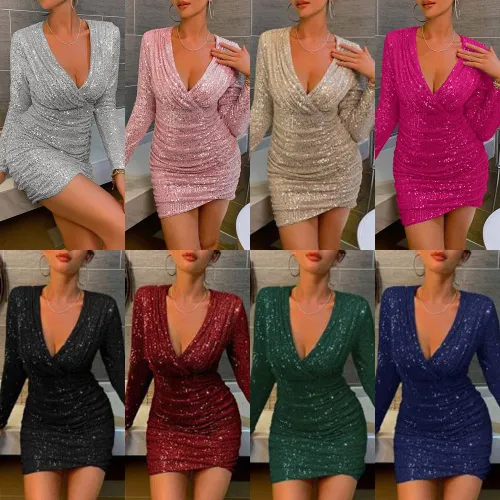 V-neck wrap hip short skirt fashion sequin dress