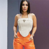 Metal buckle waistband hanging neck leather vest top