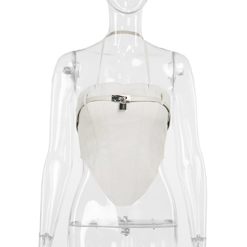 Metal buckle waistband hanging neck leather vest top