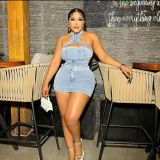 Water washed elastic denim neck hanging zipper sexy skirt set