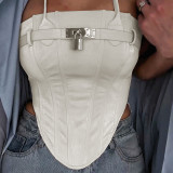 Metal buckle waistband hanging neck leather vest top