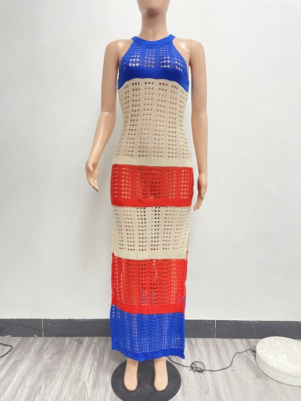 Sexy Perspective Knitted Mesh Split Colored Dress