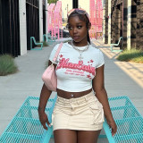 Open navel versatile T-shirt printed short sleeved top
