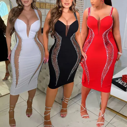 Hot Diamond Spliced Hollow Wrap Hip Slim Fit Slim Strap Dress