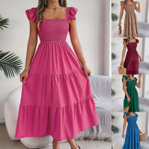 Square necked wooden ear edge waistband A-line long skirt