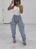 Irregular hollow splicing zipper elastic jeans