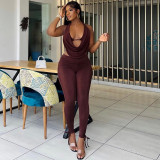 Sleeveless neck hanging suit with deep V-neck swing long pants two-piece set