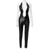 PU leather lapel hollowed out contrasting color slim fit jumpsuit