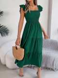 Square necked wooden ear edge waistband A-line long skirt