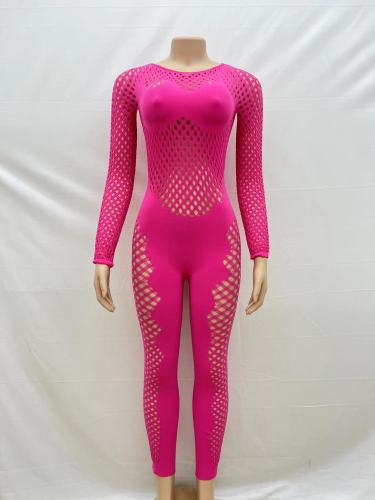Round neck long sleeved hollowed out knit jumpsuit