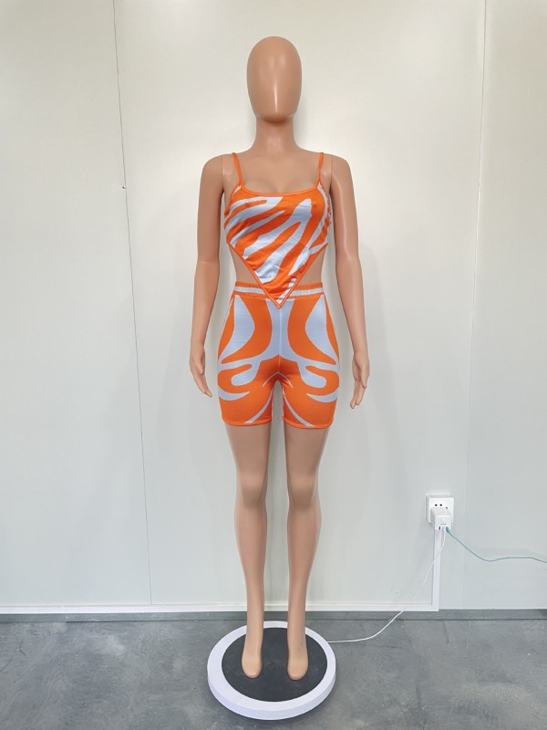 Women's suspender shorts with zebra pattern positioning printing 2-piece set