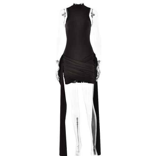 Solid color round neck sleeveless buttocks tied short skirt