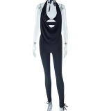 Sleeveless neck hanging suit with deep V-neck swing long pants two-piece set