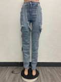 Irregular hollow splicing zipper elastic jeans