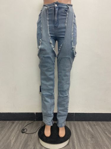 Irregular hollow splicing zipper elastic jeans