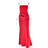 Waist tied strapless one line neckline long skirt