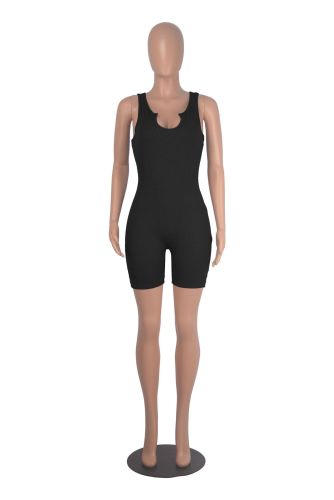 Knitted ribbed U-neck vest slim fit jumpsuit