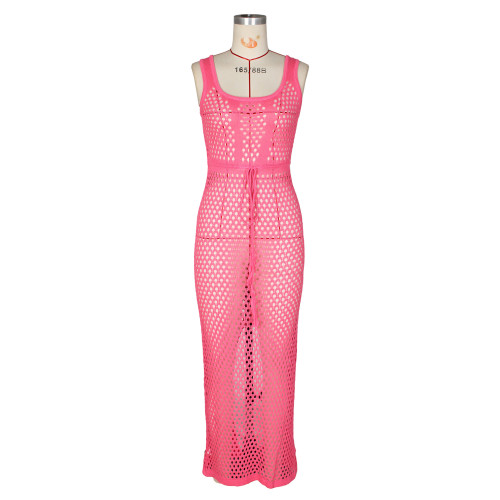 Lace up mesh vest top with buttocks wrapped knit beach skirt