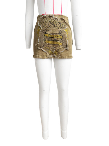Patch Embroidered Zipper Skirt Short Skirt