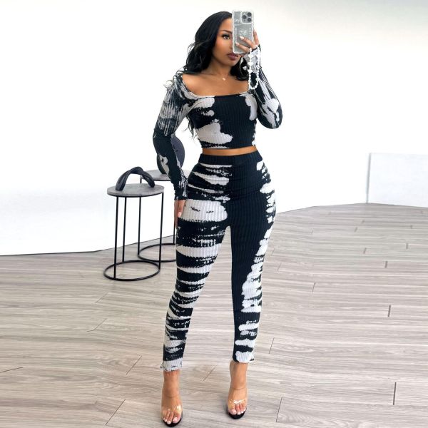 Printed slim fit elastic pit strip two-piece set K3152