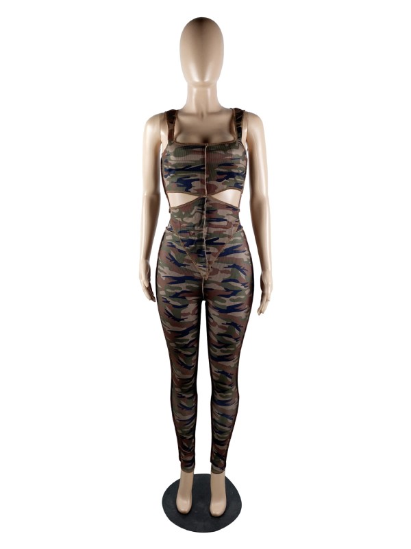 Irregular camouflage printed pants vest set T24420