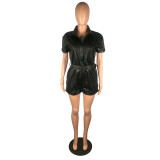 Zipper belt PU leather jumpsuit