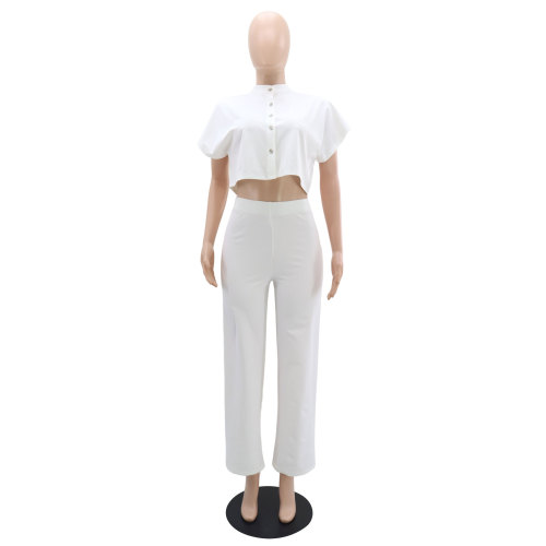 Short cardigan top straight leg pants two-piece set
