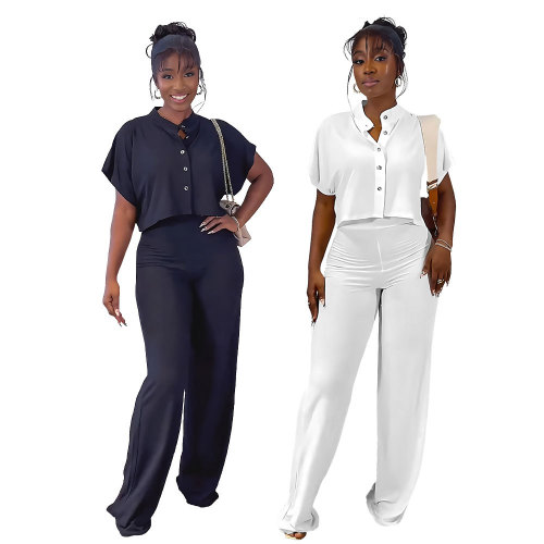 Short cardigan top straight leg pants two-piece set