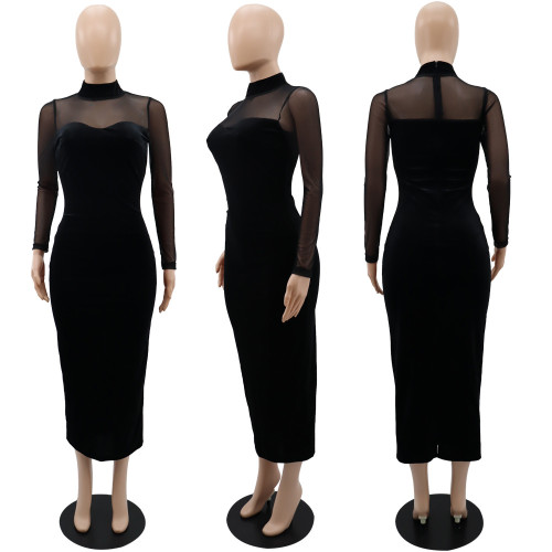 Long sleeved temperament mesh patchwork dress