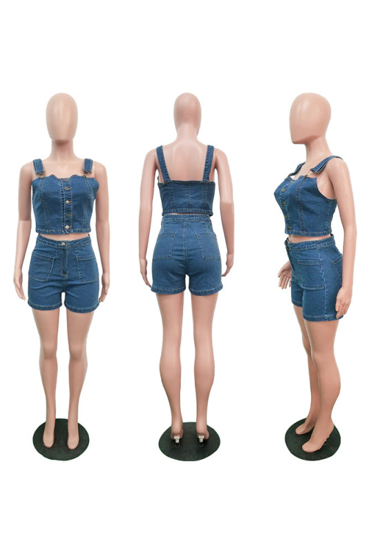 Blue denim strap top+mini shorts two-piece set