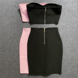 Wearing a strapless diamond studded top with drawstring bandages for a 2-piece dress set