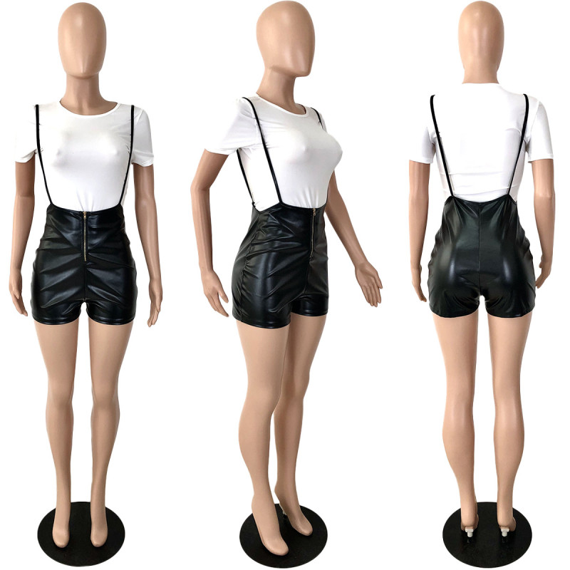 Two piece set of elastic PU leather camisole jumpsuit and short sleeved T-shirt