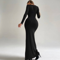 Slim fit backless lace up U-neck long sleeved dress