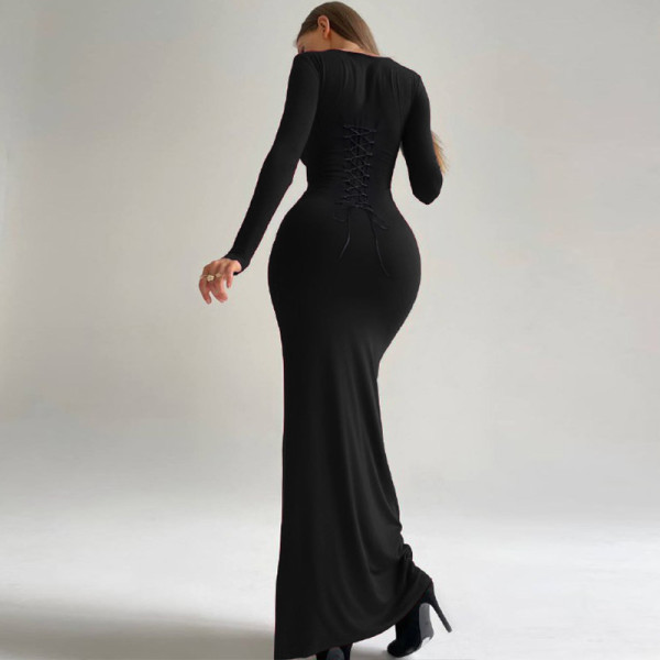 Slim fit backless lace up U-neck long sleeved dress