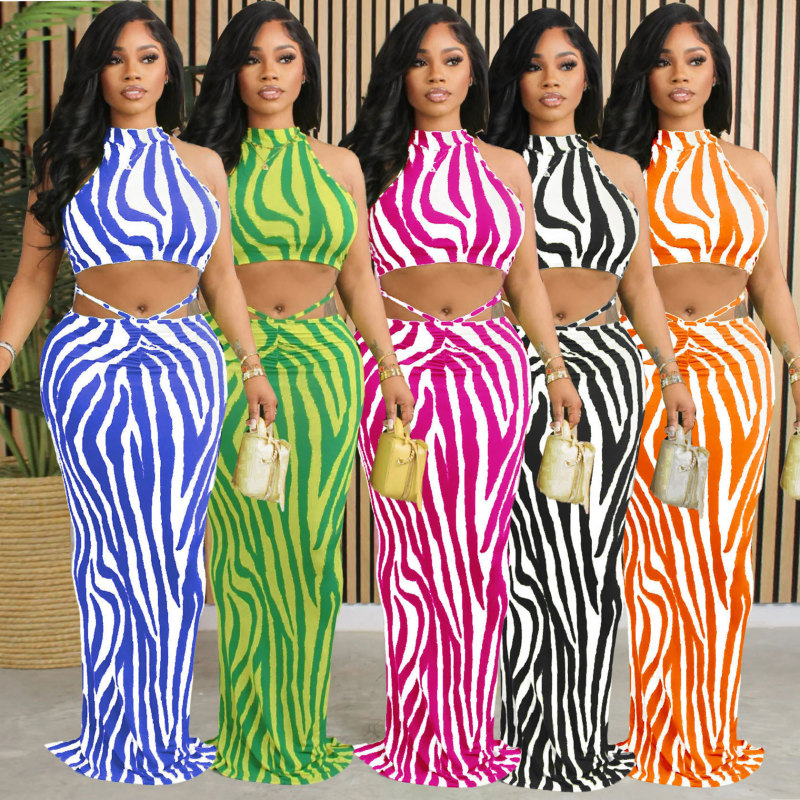 Striped long skirt two-piece set