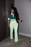 Spliced contrasting POLO collar short sleeved top wide leg long pants set