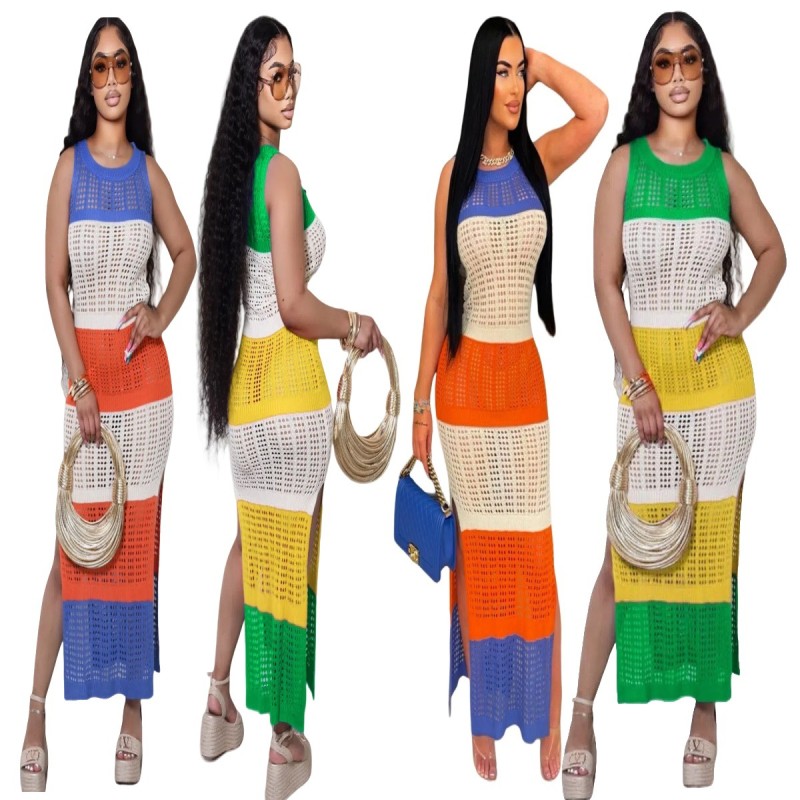 Women's fishing net contrasting color sleeveless slit beach dress