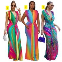 Women's sleeveless printed sexy deep V-shaped slim fit dress