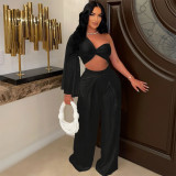 Single shoulder pleated casual solid color set