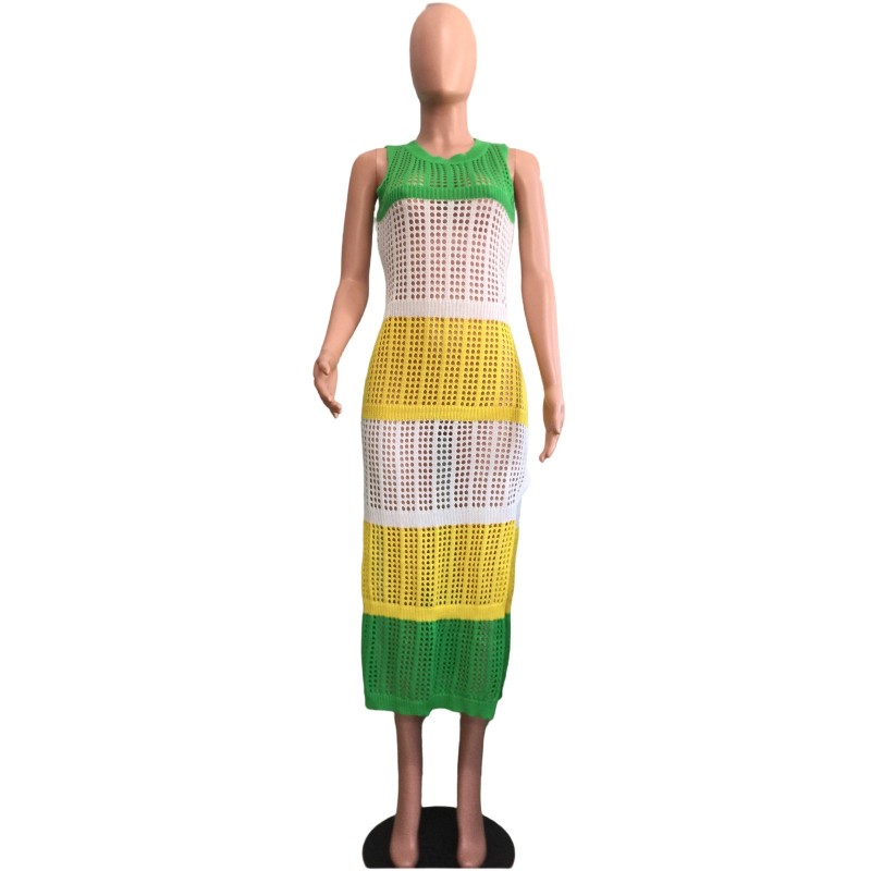 Women's fishing net contrasting color sleeveless slit beach dress