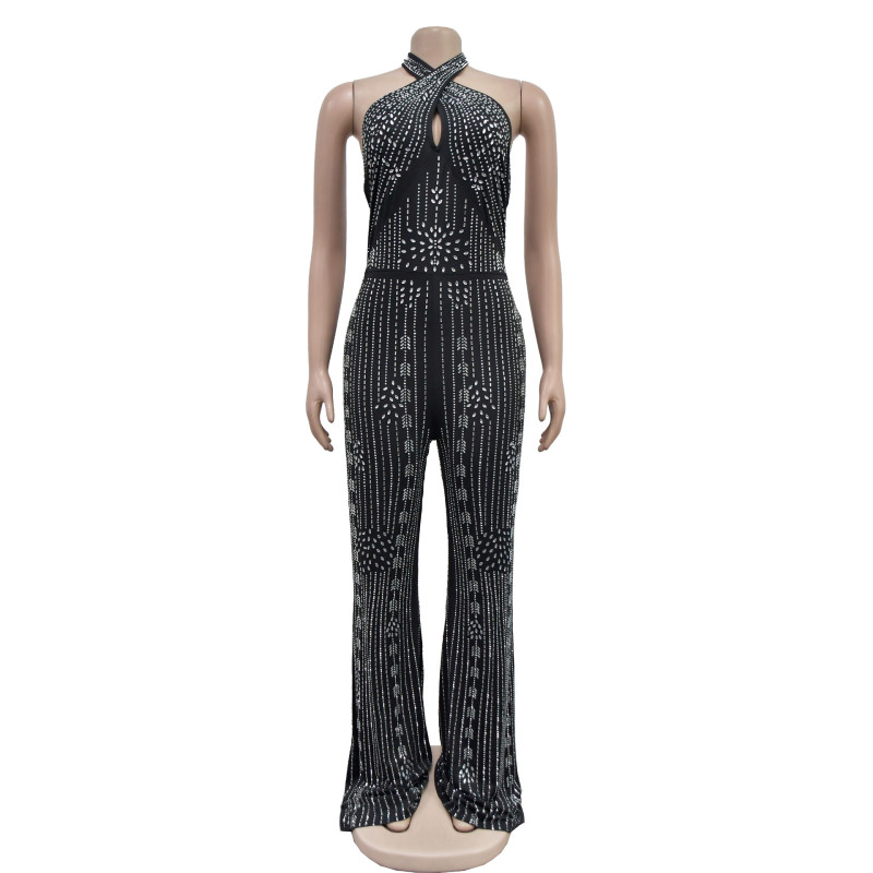 Solid color hot diamond sleeveless hanging neck long pants jumpsuit