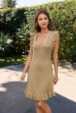 Round neck solid color medium length wooden ear edge dress