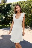 Round neck solid color medium length wooden ear edge dress