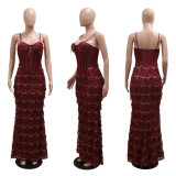Sequin party long dress with suspender and buttocks wrapped A-line skirt
