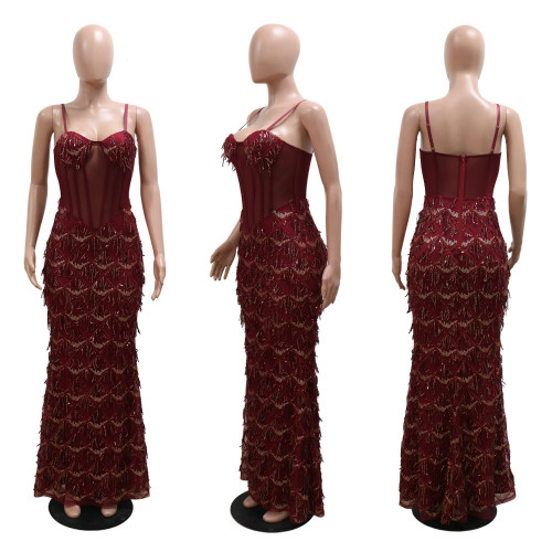 Sequin party long dress with suspender and buttocks wrapped A-line skirt