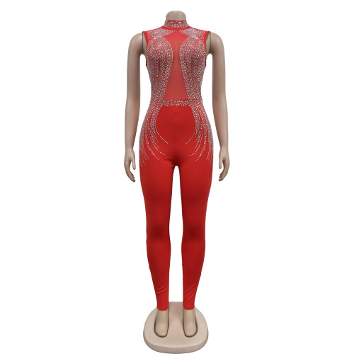 Solid color mesh hot diamond sleeveless long pants jumpsuit