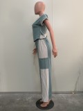 Color blocking loose short sleeved straight leg pants two-piece set